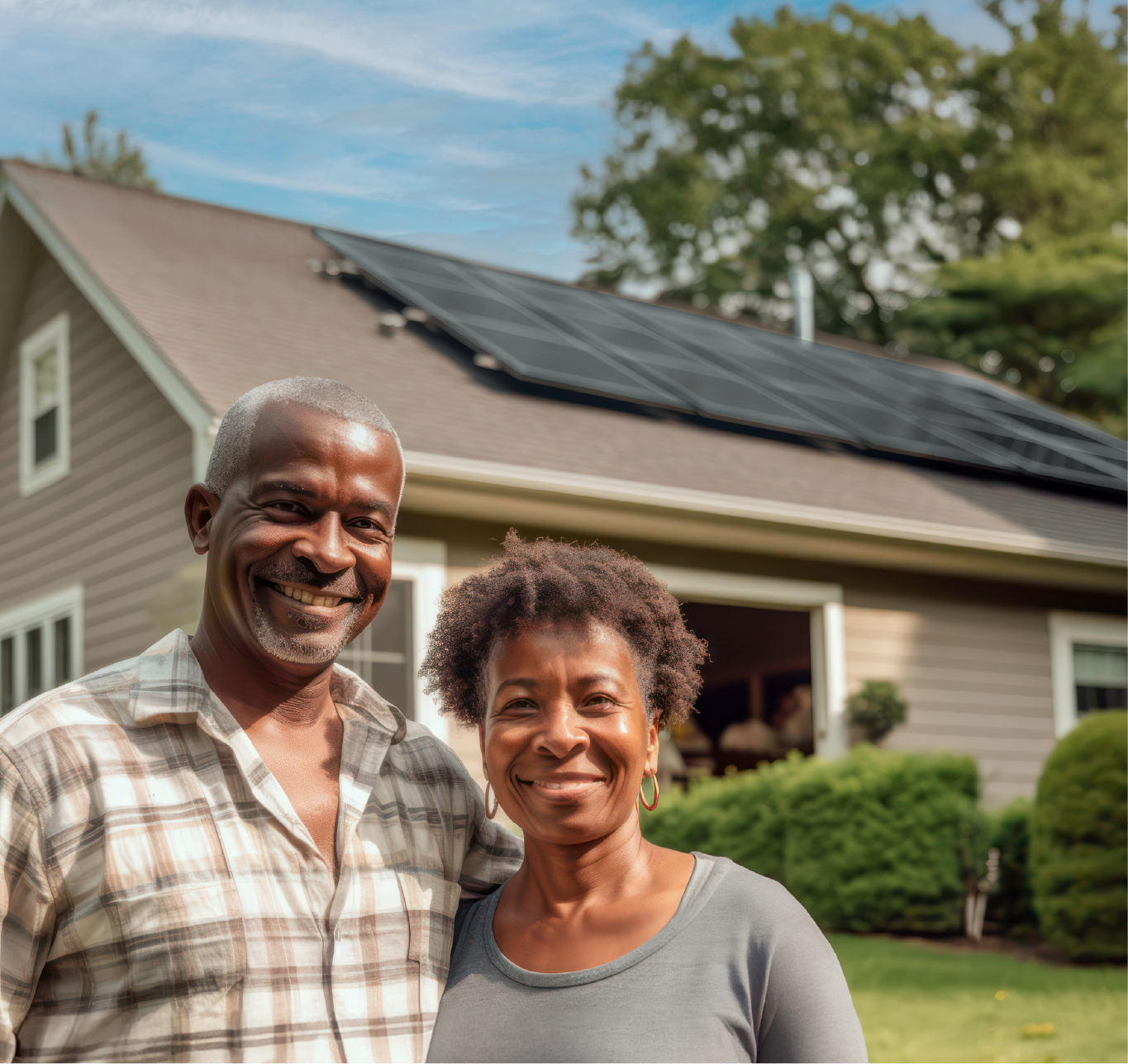 Couple in front of house with solar panels